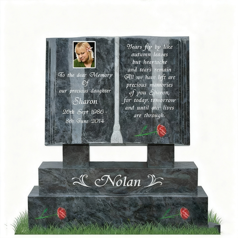 Piatră funerară din granit în formă de carte