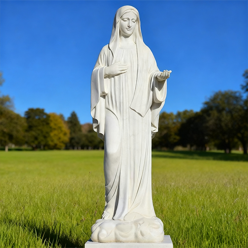 Sculptură umană cu tematică Fecioara Maria din marmură albă Statuie în picioare