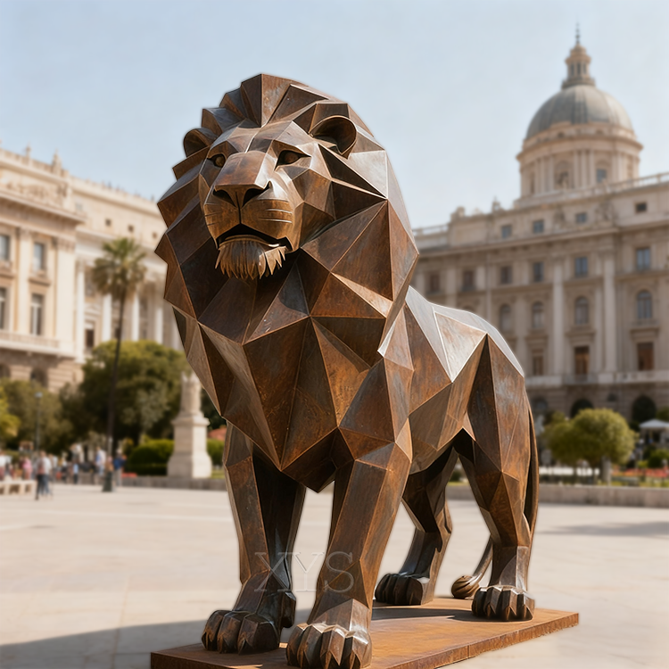 Sculptură cu animale Leu geometric cu fațete din oțel rezistent la intemperii